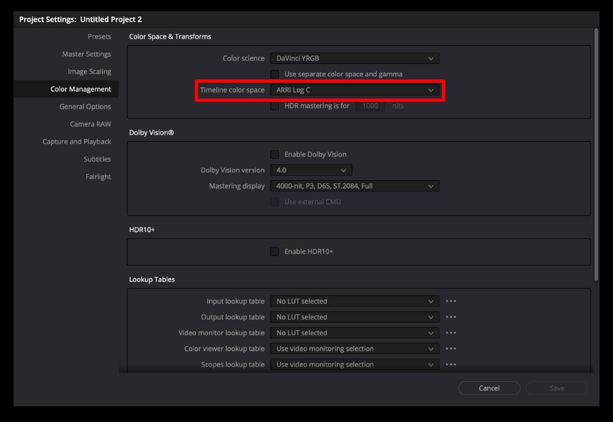 Timeline color spaceをARRI Log Cにする