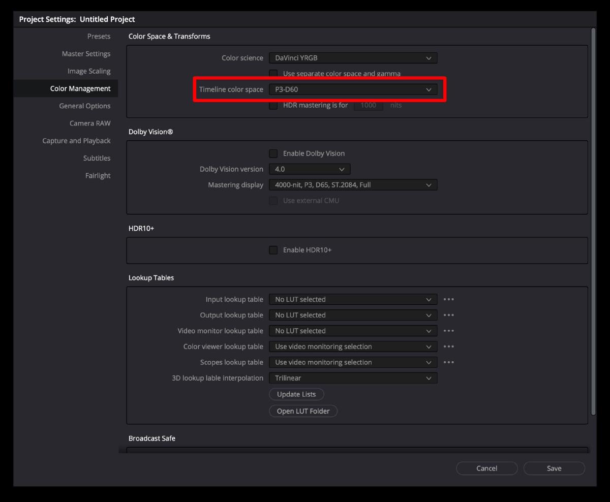 Timeline color spaceをP3-D60にする