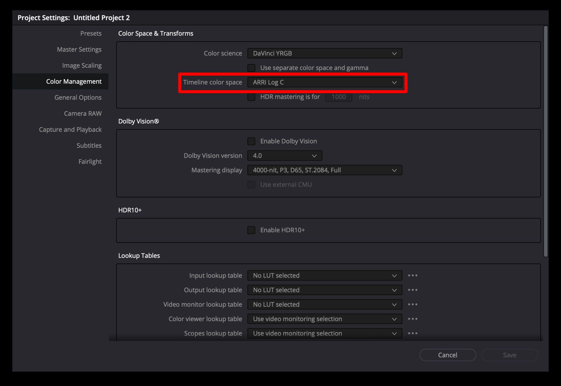 Timeline color spaceをARRI Log Cにする