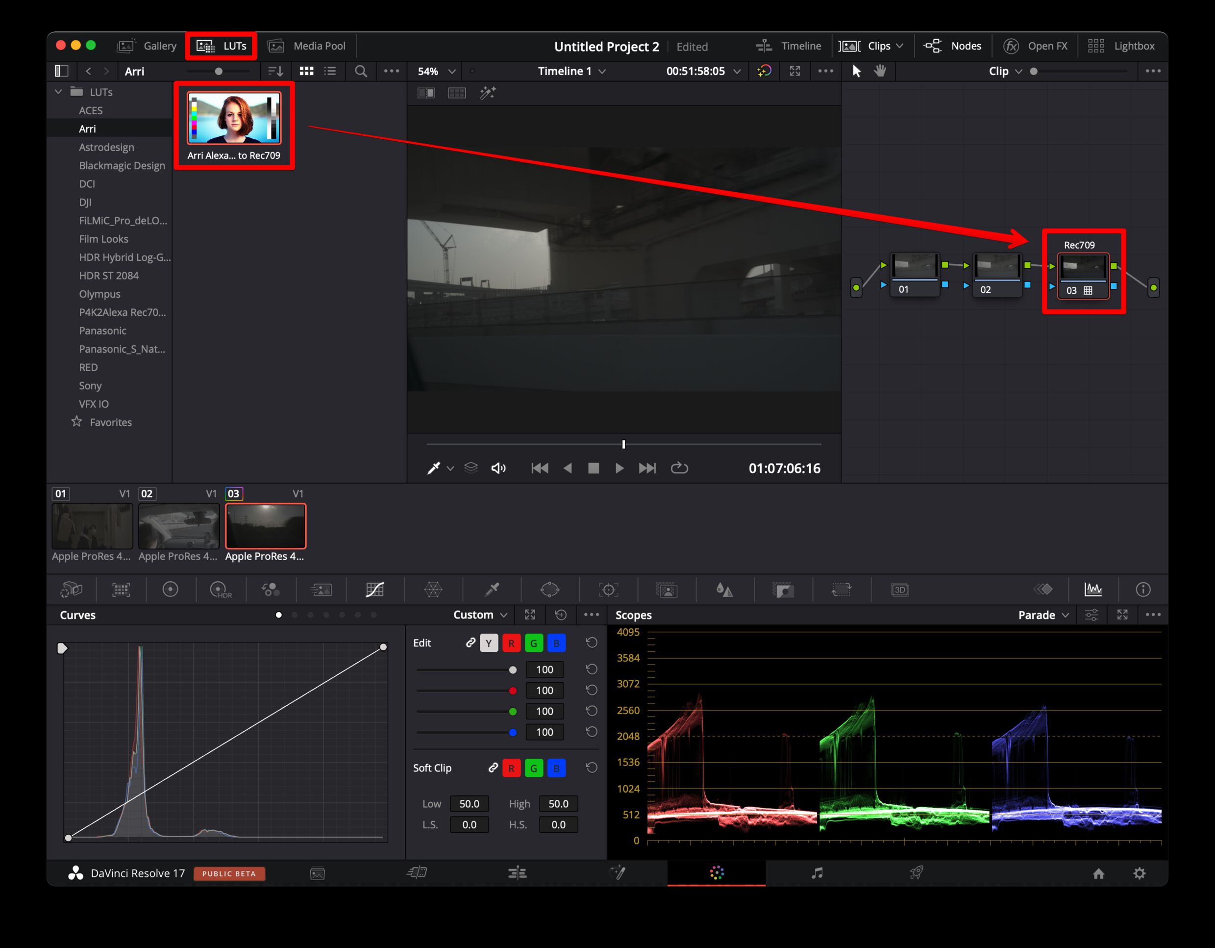 Arri Alexa LogC to Rec709 LUTをあてる